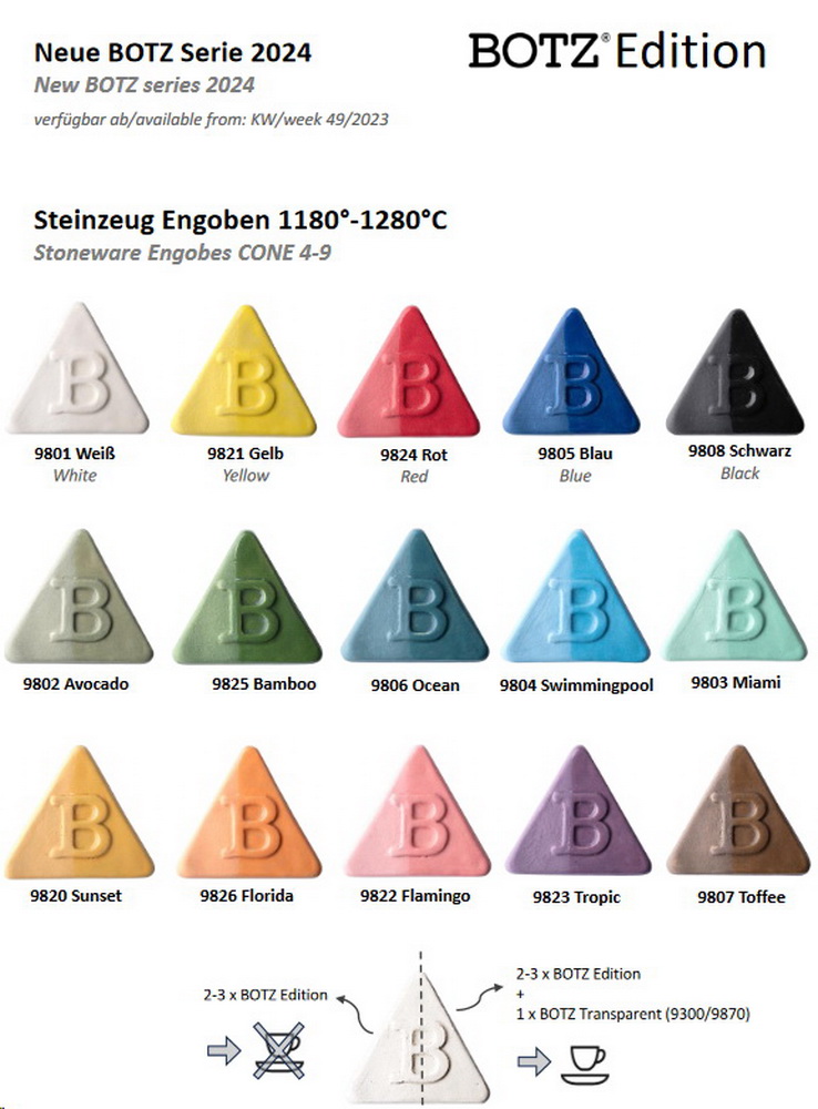 BOTZ - Edition - Steinzeug-Engoben - 200 ml und 800 ml - 1.180 bis 1.280 °C - Cone 4 bis 9