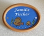 Preview: Keramik-Türschild – Fische – 12,1 x 9,2 cm – blau mit braunem Rand – Handarbeit – Unikat