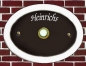 Preview: Keramik-Türschild mit unten eingebauter Messingklingel – schlicht mit weißem Rand – 11 x 8 cm – Schriftfeld dunkelbraun – Handarbeit