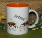 Preview: Keramik-Tasse  - Becher mit Wunschname – Motiv: 3 x Sunshine Cow – Kuh mit Sonne – 60 x 50 mm