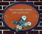 Preview: Keramik-Türschild – Vogel auf Ast – 11,3 x 9 cm – Schriftfeld blau – Handarbeit