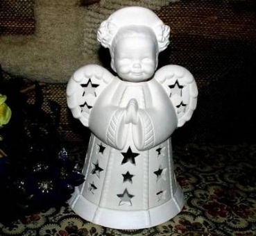 Windlicht Engelmädchen - Hochfrisur -  mit Teelichtbasis - 28,5 cm hoch - Schrühware