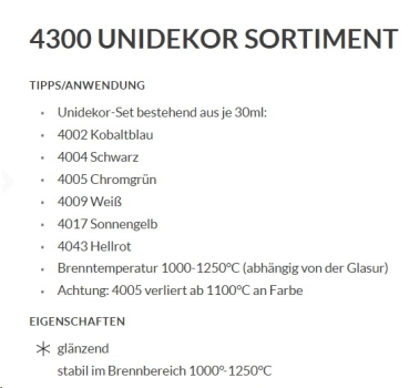 Unidekor-Farben im 6er-Set – glänzend - 200 ml – Unidekor-Farben von BOTZ - Brennbereich 1.000 bis 1.280 °C