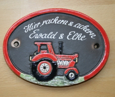 Keramik-Türschild – roter Trecker – Traktor - 11 x 8 cm – Schriftfeld braun – Handarbeit