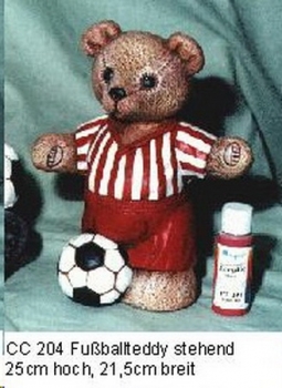 Fußball-Teddy – stehend – Ball am Fuß – 25 cm hoch – 21,5 cm breit – Schrühware