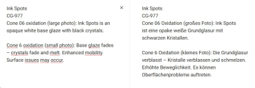 Preview: CG-977 – Ink Spots – MAYCO Jungle Gems ® – Kristallglasur – NONTOXIC – 1.000 bis 1.045 °C - Cone 06 bis Cone 05 – 16oz = 472 ml Preview: CG-977 – Ink Spots – MAYCO Jungle Gems ® – Kristallglasur – NONTOXIC – 1.000 bis 1.045 °C - Cone 06 bis Cone 05 – 16oz = 472 ml