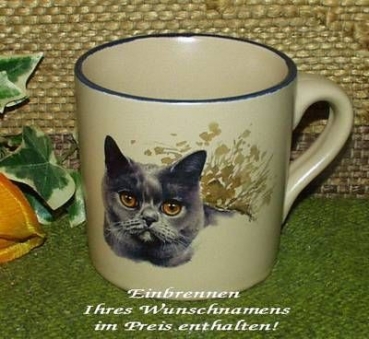 Keramik-Tasse  - Becher mit Wunschtext – Motiv: 1 x Katze – British Kurzhaar