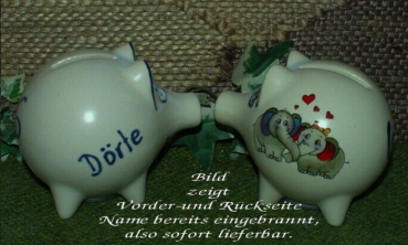 Sparschwein mit Stopfen – 10 x 8,5 x 8,5 cm – Motiv: Verliebte Elefanten – fester Name: Dörte
