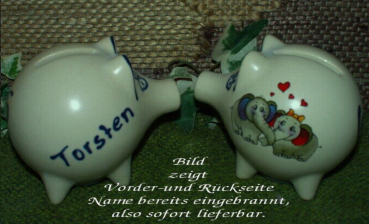 Sparschwein mit Stopfen – 10 x 8,5 x 8,5 cm – Motiv: Verliebte Elefanten – fester Name: Torsten