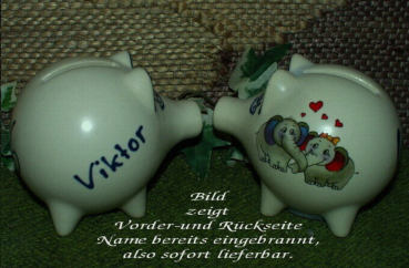Sparschwein mit Stopfen – 10 x 8,5 x 8,5 cm – Motiv: Verliebte Elefanten – fester Name: Viktor