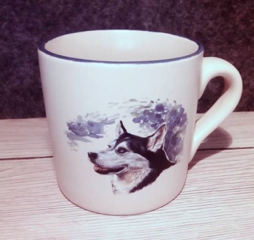 Keramik-Tasse  - Becher mit Wunschname – Motiv: 1 x Hund – Husky