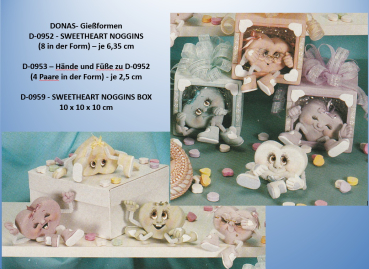 DONAS-Gießformen-Satz - neu –SWEETHEART NOGGINS – Herze mit Gesicht im 8er-Set – je 6,35 cm – mit 4 Paar Hände / Füße und eine Box – 10x10x10 cm - USA