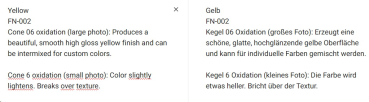 FN-002 – Yellow – MAYCO Foundations – glänzend  – NONTOXIC – FoodSafe  – 1.000 bis 1.045 °C - Cone 06 bis Cone 05 (höher siehe Fotos) – 4oz = 118 ml