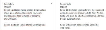 FN-232 – Sun Yellow – MAYCO Foundations – glänzend  – NONTOXIC – FoodSafe  – 1.000 bis 1.045 °C - Cone 06 bis Cone 05 (höher siehe Fotos) – 4oz = 118 ml