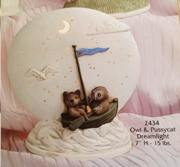 Traumlicht – Eule und Katze im Boot - zum Beleuchten – 18 cm hoch – Schrühware