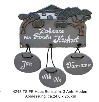 Töpfer-Türschild – Flachbild – Haus Bonsai mit 3 Anhängern – modern – 24 x 25 cm – aufwändige Handarbeit