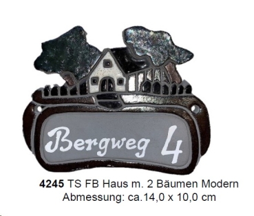 Töpfer-Türschild – Flachbild  - Haus mit 2 Bäumen – 14 x 10 cm - modern – aufwändige Handarbeit
