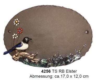 Töpfer-Türschild – Reliefbild – Elster – Vogel – 17 x 12 cm – aufwändige Handarbeit