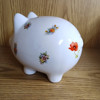 Großes Sparschwein aus Porzellan mit Stopfen – 17 x 12 cm – 9 Blumenmotive – Unikat -inkl. Wunschtext