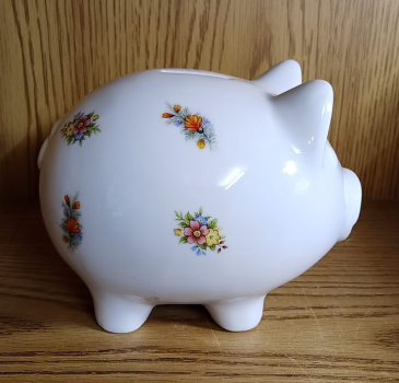 Preview: Großes Sparschwein aus Porzellan mit Stopfen – 17 x 12 cm – 9 Blumenmotive – Unikat -inkl. Wunschtext