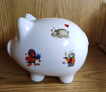 Großes Sparschwein aus Porzellan mit Stopfen – 17 x 12 cm – 6 Kindermotive – inkl. Wunschtext