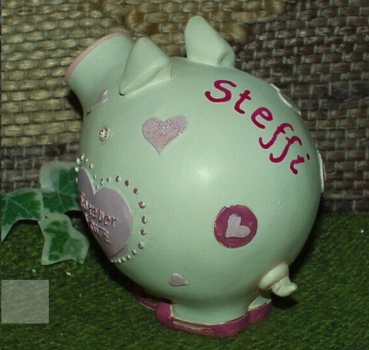 Glücksschweinchen aus Keramik – 9 cm lang - 7,5 cm hoch – Forever LOVE – pink mit Herzen und Glitzer – Handarbeit – fester Name: Steffi