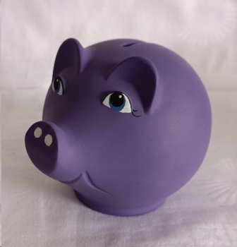 Sparschwein mit Stopfen – lila  – 13,5 x 9,5 cm lang – Handarbeit – hochwertige Keramik – Wunschname möglich