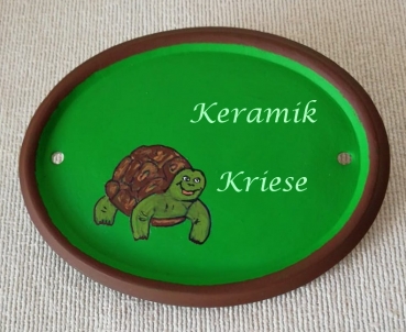 Keramik-Türschild – Schildkröte – 12 x 9,2  cm – Schriftfeld grün – Handarbeit