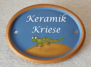 Keramik-Türschild – Echse – 11,9 x 9 cm - Schriftfeld blau – Handarbeit