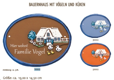 Keramik-Türschild – Lasergravur – 19 x 14,5 cm – Farb- und Schriftauswahl – Bauernhaus mit Vögeln und Küken