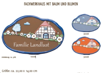 Keramik-Türschild – Lasergravur – 22 x 14 cm – Farb- und Schriftauswahl – Fachwerkhaus mit Baum und Blumen