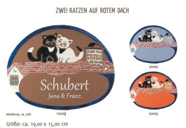 Keramik-Türschild – Lasergravur – 19 x 15 cm – Farb- und Schriftauswahl – Zwei Katzen auf rotem Dach