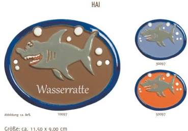 Keramik-Türschild – Lasergravur – 11,5 x 9 cm – Farb- und Schriftauswahl – Hai