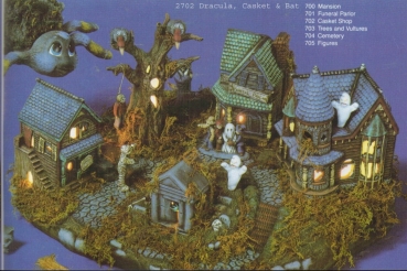 Halloween-Landschaft mit Häusern, Baum  und Figuren – ohne Basis – bis 20 cm hoch – Schrühware – inklusive Versandkosten