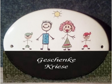 Keramiktürschild - Strichmännchen - Eltern - 2 Jungen