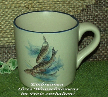 Keramik-Tasse  - Becher mit Wunschname – Motiv: 1 x Fische – Barben