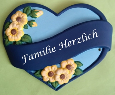 Keramik-Türschild – blaues Herz – 17 x 12 cm – Schriftfeld dunkelblau – Handarbeit