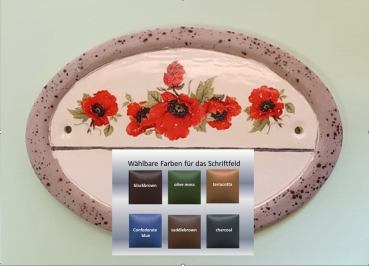 Preview: Keramik-Türschild mit breitem, glasiertem Rand – Klatschmohn - Blumen – ca. 18 x 12,5 cm – Farbauswahl für Schriftfeld – Handarbeit Preview: Keramik-Türschild mit breitem, glasiertem Rand – Klatschmohn - Blumen – ca. 18 x 12,5 cm – Farbauswahl für Schriftfeld – Handarbeit
