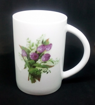 Keramik-Tasse  - Becher mit 2 Blumenmotiven – Unikat – mit Wunschtext