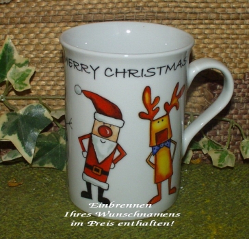 Keramik-Tasse  - Becher mit Wunschname – Rundum-Motiv: Santa & Friends