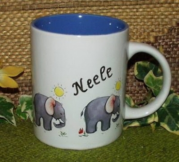 Keramik-Tasse  - Becher mit Wunschtext – Motiv: 3 x Sunshine Elephant – Elefant mit Sonne