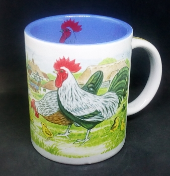 Keramik-Tasse - Becher mit Wunschname – Rundum-Motiv – Hühnerhof - DISC