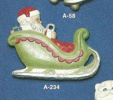 ALBERTAS–Gießform – neu – Santa im Schlitten – Hänger – 9,2 cm – Design auf Vorder-​ und Rückseite