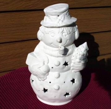 Schneemann mit Pfeife - Windlicht mit Teelicht-Basis – 29 cm hoch - Schrühware