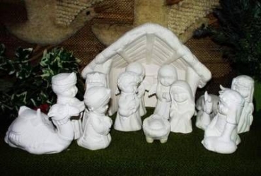 SCIOTO-AW-Kinder-Krippensatz – 13 Figuren bis 13 cm hoch - mit Krippenhaus 22 x 29 cm – Schrühware