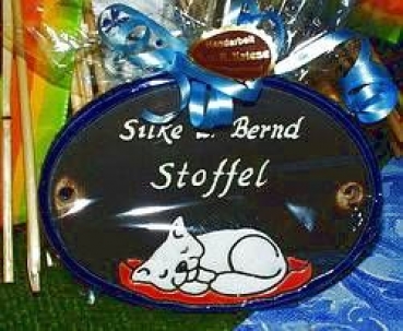 Keramik-Türschild - schlafende Katze - 11 x 8,3 cm - braun