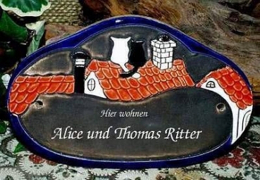 Keramik-Türschild - 2 Katzen auf dem Dach – 18,5 x 12 cm - braun