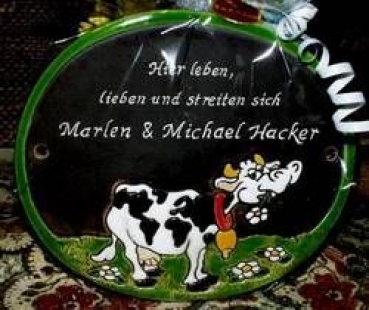 Keramik-Türschild – Kuh – 19 x 15 cm – Schriftfeld braun – Handarbeit