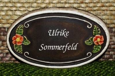 Keramik-Türschild – kleine Rosen – 5 x 8,5 cm – Schriftfeld braun – Handarbeit