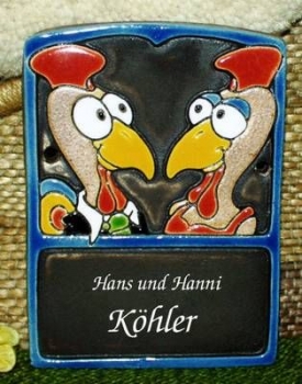 Keramik-Türschild – Hühner – 13 x 9,5 cm – Schriftfeld braun – Handarbeit